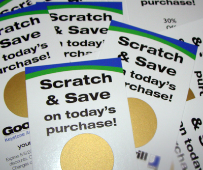 Scratch off stickers used to increase sales using scratch off cards -scratch off coupon